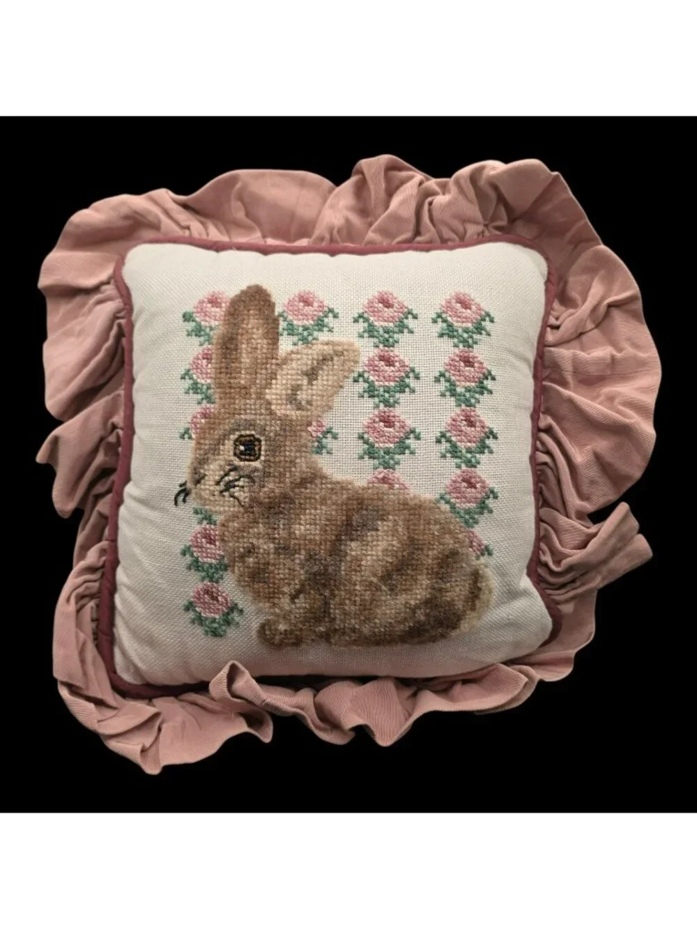 Vintage Bunny Rabbit Needlepoint Pillow Pink Ruffle Floral 10x10